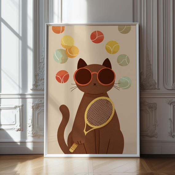 Cool Cat Tennis Wall Art – Funny Cat With Sunglasses & Racket