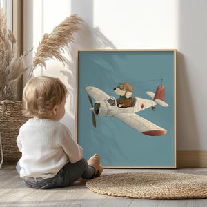 Vintage Pilot Dog Airplane Art Print – Nursery Wall Decor, Boys Room Printable Poster, Adventure Dog Illustration, Digital Download