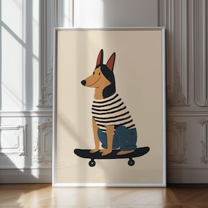 German Shepherd Skateboard Art Print – Cool Dog Digital Wall Art – Striped Shirt Animal Illustration – Kids Room Decor – Instant Download
