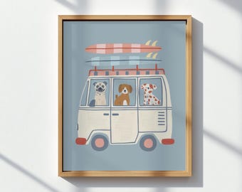 Dog Surf Van Wall Art | Beach Nursery Printable | Summer Dog Road Trip Poster | Kids Room Animal Decor | Digital Download