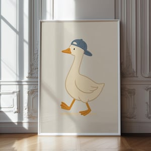 Arte de pared para habitación infantil con ganso, decoración imprimible de ganso con sombrero, estampado animal moderno, arte para dormitorio infantil, póster divertido para habitación infantil, descarga digital