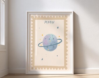 Pastelkleurige maan kinderkamerprint – retro planeet kinderkamerdecoratie (digitale download)