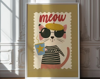 Hipster Cat Art Print: French Nursery Decor (Digital Download)