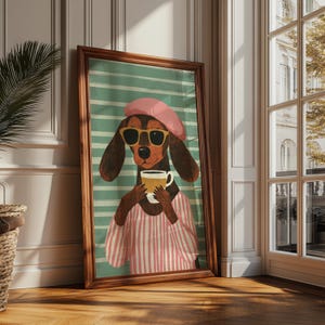 Chic Dachshund Nursery Wall Art, Nursery Room Decorative Printing Wall Art, Playful Dog Print for Kids Room, Striped Retro Puppy Decor,
