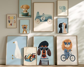 Conjunto de arte mural para habitación de niños: más de 100 animales divertidos y vehículos clásicos (descarga digital)