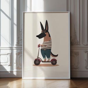 German Shepherd Scooter Wall Art – Stylish Dog Digital Print – Striped Shirt Canine Illustration – Cool Dog Decor for Kids Room or Nursery