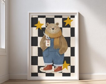 Cool Bear Nursery Print, Retro Kids Wall Art, Cute Animal, llustration, Boho Playroom Poster, Instant Download