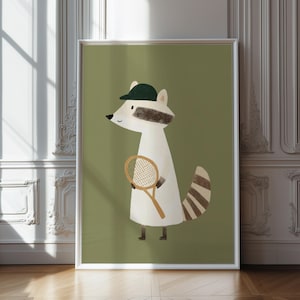 Tennis Waschbär, Wandbild fürs Kinderzimmer, lustiges Sporttier zum Ausdrucken, digitales Poster, Waldtier Illustration