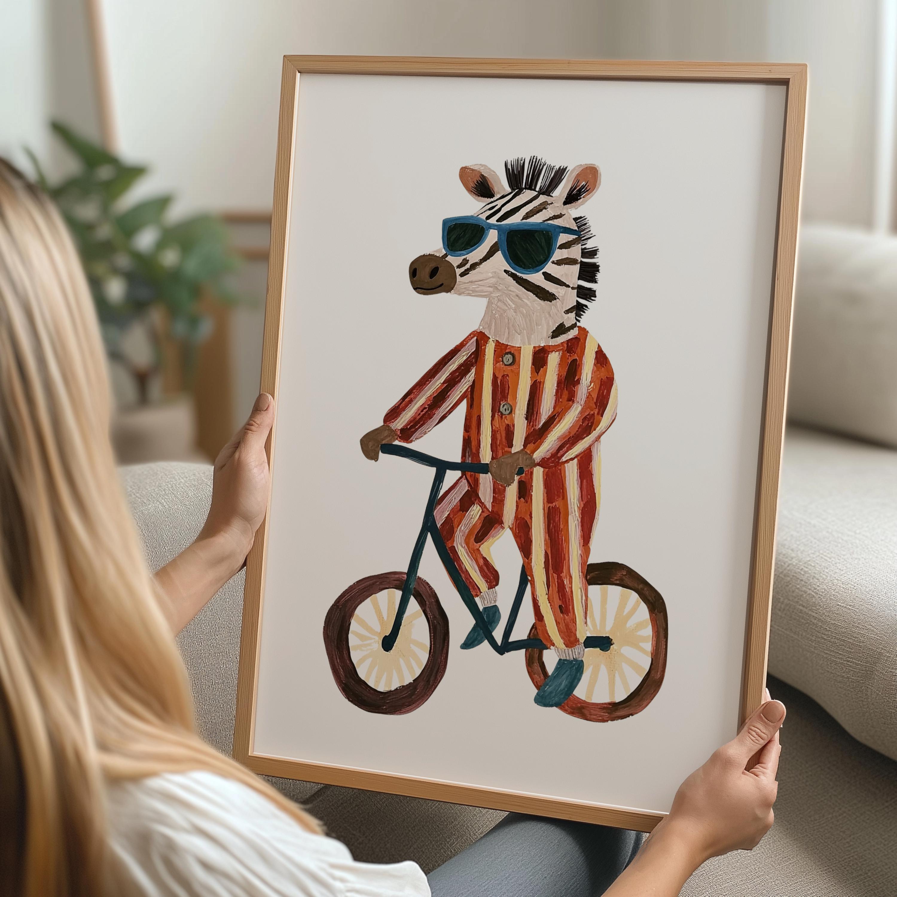 Zebra on Bike Nursery Wall Art – Cool Animal Printable for Kids Room | Bicycle Safari Art | Jungle Theme Digital Download for Boys & Girls