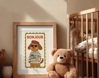 Bonjour Dog Print – French Puppy Nursery Art, Boho Decor (Digital Download)