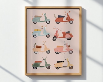 Stampa scooter retrò: decorazione murale con Vespa in colori pastello per la cameretta dei bambini (download digitale)