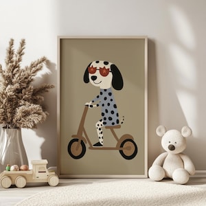 Arte mural de scooter dálmata: decoración imprimible para habitación infantil / Descarga digital de perro genial / Póster de cachorro marrón neutro para habitación de bebé
