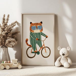 Tiger on Bicycle Nursery Print: Jungle Animal Art (Digital Download)