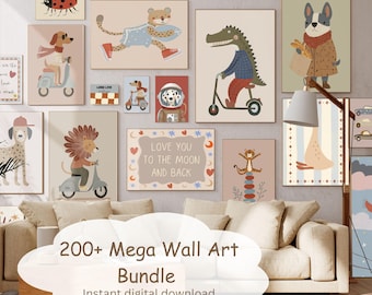 Paquete de 200 láminas decorativas para la habitación infantil: conjunto de decoración para habitaciones de niños, láminas imprimibles para la habitación del bebé, arte para la pared de la habitación del bebé, galería de animales para la pared, descarga instantánea.