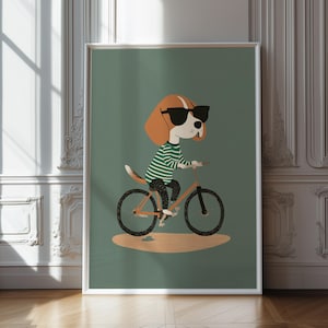 Cool Beagle Dog on Bike Printable Wall Art – Green Striped Shirt Dog Illustration – Modern Animal Digital Download for Kids or Pet Lovers