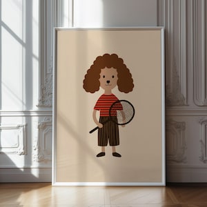Arte imprimible de un perro tenista: un adorable perro con raqueta de rayas rojas. Decoración de pared con animales para habitaciones infantiles o amantes de las mascotas.