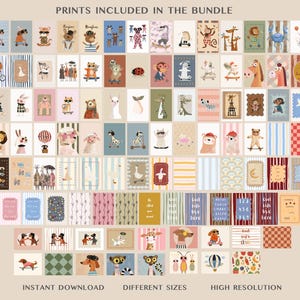 A collage of 100 playful nursery wall art prints included in a digital download bundle. The collection features whimsical animal illustrations—dogs, lions, giraffes, bears, rabbits, and birds—alongside cute patterns, motivational quotes, and alphabet or number designs. Each print showcases soft pastel and earthy tones in various art styles. Text at the bottom highlights “Instant Download,” “Different Sizes,” and “High Resolution.”