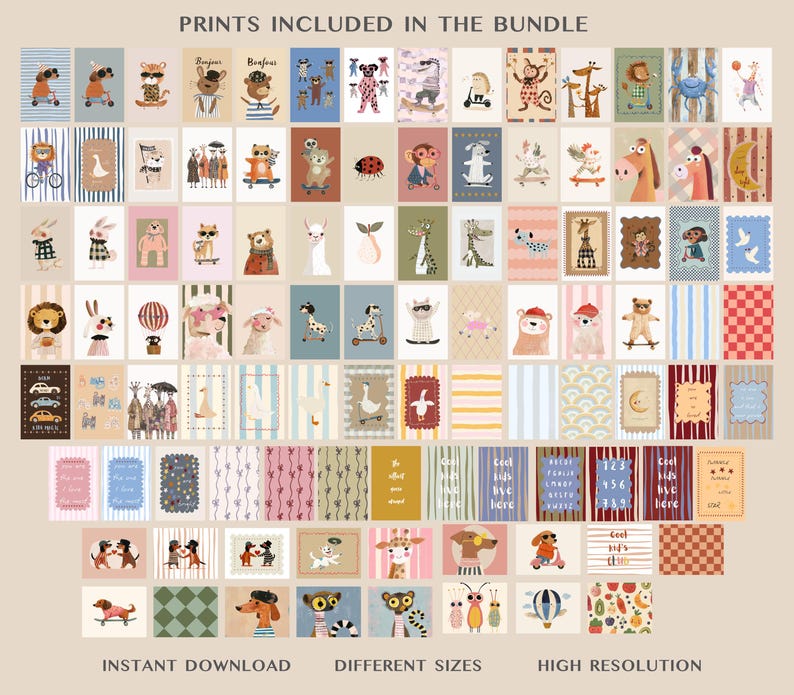 A collage of 100 playful nursery wall art prints included in a digital download bundle. The collection features whimsical animal illustrations—dogs, lions, giraffes, bears, rabbits, and birds—alongside cute patterns, motivational quotes, and alphabet or number designs. Each print showcases soft pastel and earthy tones in various art styles. Text at the bottom highlights “Instant Download,” “Different Sizes,” and “High Resolution.”