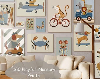 Paquete de 160 láminas decorativas para la habitación del bebé: estampados retro de animales, decoración para la habitación infantil, conjunto de láminas decorativas para niños, galería de arte vintage para la habitación del bebé, descarga instantánea.