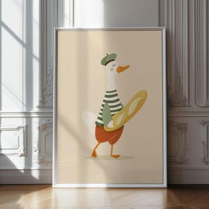 Afdrukbare muurkunst gans – Parijse gans met stokbrood – schattige gansillustratie in baret – dierenkunst – decoratie kinderkamer