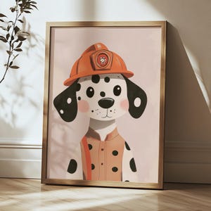 Firefighter Dalmatian Nursery Print – Cute Dog Wall Art, Printable Kids Room Decor, Cartoon Fire Dog Poster, Digital Download