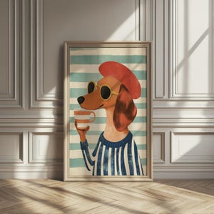Chic Dachshund Nursery Wall Art, Playful Dog Print for Kids Room, Striped Retro Puppy Decor, Nursery Room Decorative Printing Wall Art