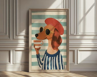 Chic Dachshund Nursery Wall Art, Playful Dog Print for Kids Room, Striped Retro Puppy Decor, Nursery Room Decorative Printing Wall Art