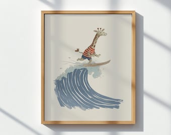 Surfing Giraffe Nursery Print, Kids Summer Ocean Adventure Wall Art, Whimsical Toddler Room Decor, Printable Baby Nursery Artwork