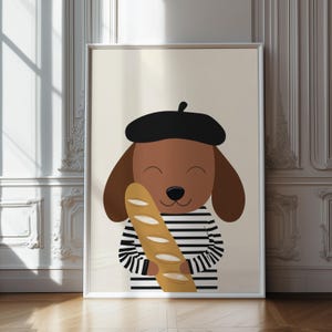 Buldog francuski Baguette Wall Art – Parisian Dog Printable, Cute Animal Kitchen Decor, Digital Download Nursery or Café Art