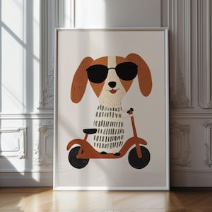 Arte de pared imprimible con un perro en scooter: decoración de guardería con cachorros juguetones / Descarga digital para habitación de niño / Estampado animal moderno para habitación infantil