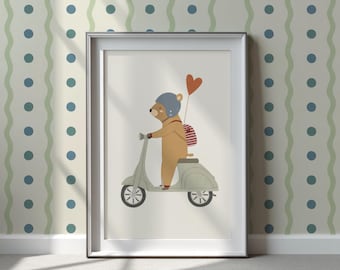Whimsical Bear Scooter Nursery Wall Art Printable, Playful Animal Kids Room Decor, Retro Storybook Illustration (Digital Download)