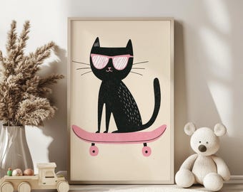 May include: A black cat wearing pink sunglasses is sitting on a pink skateboard with black wheels. The cat is looking to the right. The background is a light beige color.