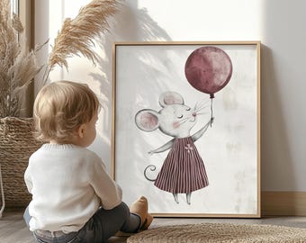 Balloon Mouse Nursery Print: Whimsical Kids Room Decor (Digital Download)