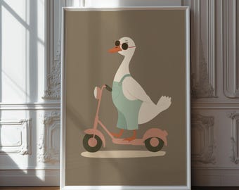 Stampa di un'oca sullo scooter: arte animale stravagante con gelato (download digitale)