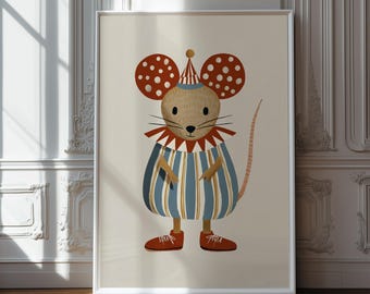 ヴィンテージサーカスネズミのプリント、レトロな北欧風子供部屋アート