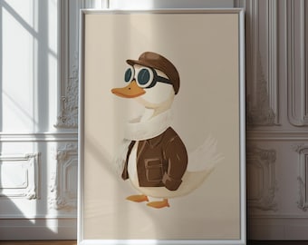Aviator Duck Nursery Print: Whimsical Pilot Animal Art (Digital Download