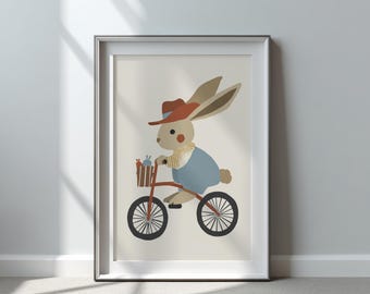 Impression chambre d'enfant vélo lapin | Décoration murale lapin mignon pour chambre d'enfant | Poster imprimable de salle de jeux | Illustration animale fantaisiste