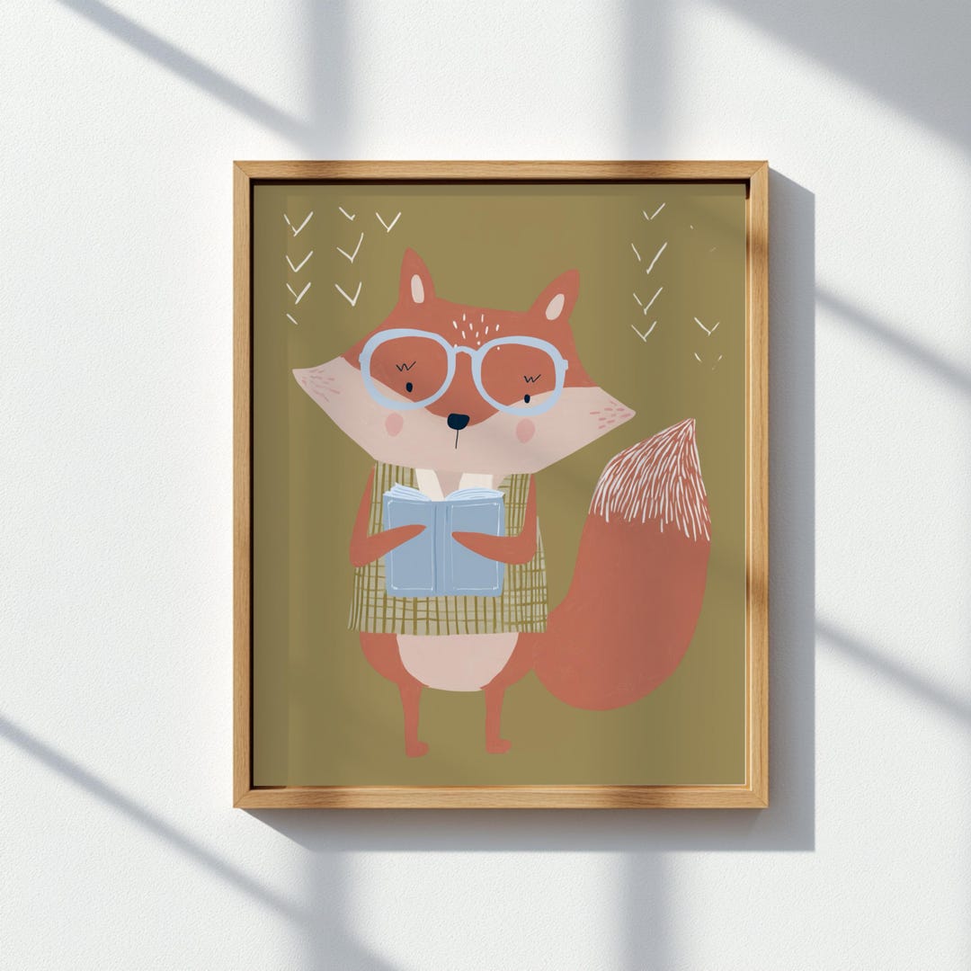 Bookish Fox Nursery Print: Reading Animal Art (digital Download - Etsy