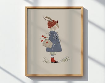 Imprimé lapin vintage : oeuvre d'art murale printanière pour chambre d'enfant (téléchargement numérique)