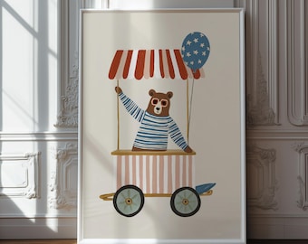 Whimsical Bear Nursery Wall Art Printable, Playful Animal Kids Room Decor, Retro Storybook Illustration (Digital Download)