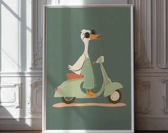 Stampa di un'oca su una Vespa: arte animale stravagante per bambini (download digitale)