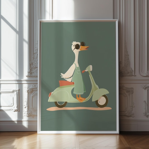 Goose on Vespa Scooter Print: Whimsical Animal Art for Kids (Digital Download)