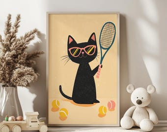 Tennis Cat Nursery Wall Art,  Playful Sports Theme Kids Room Print, Fun Animal Decor | Digital Download for Nursery & Playroom