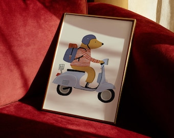 Bear on Scooter Nursery Print | Playroom Animal Wall Art (Digital Download)