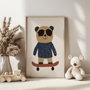 Cool Bear on Skateboard Printable Wall Art – Boys Nursery Animal Print | Cute Bear Digital Download for Kids Room | Modern Playroom Decor