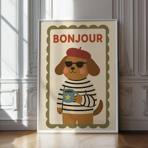 Bonjour Dog Nursery Wall Art, French Puppy Illustration, Modern Kids Room Decor, Cute Animal Print, Playful Digital Poster, Instant Download