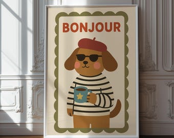 Bonjour Dog Nursery Wall Art, French Puppy Illustration, Modern Kids Room Decor, Cute Animal Print, Playful Digital Poster, Instant Download