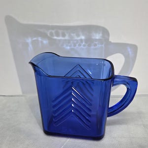 Art Deco Cobalt blue creamer by Hazel-Atlas Blue chevron pattern on square pitcher in very good condition Vintage 1930s depression glass
