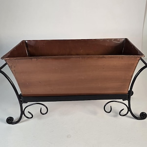 Vtg Copper Tabletop Planter Box with Wrought Iron Stand | Small Indoor Window Box | Metal Succulent Trough | Centerpiece Flower Pot Holder