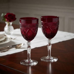 Vintage Cristal d’Arques French Crystal Goblets, Pair of Deep Ruby Red Diamond-Cut Water Glasses